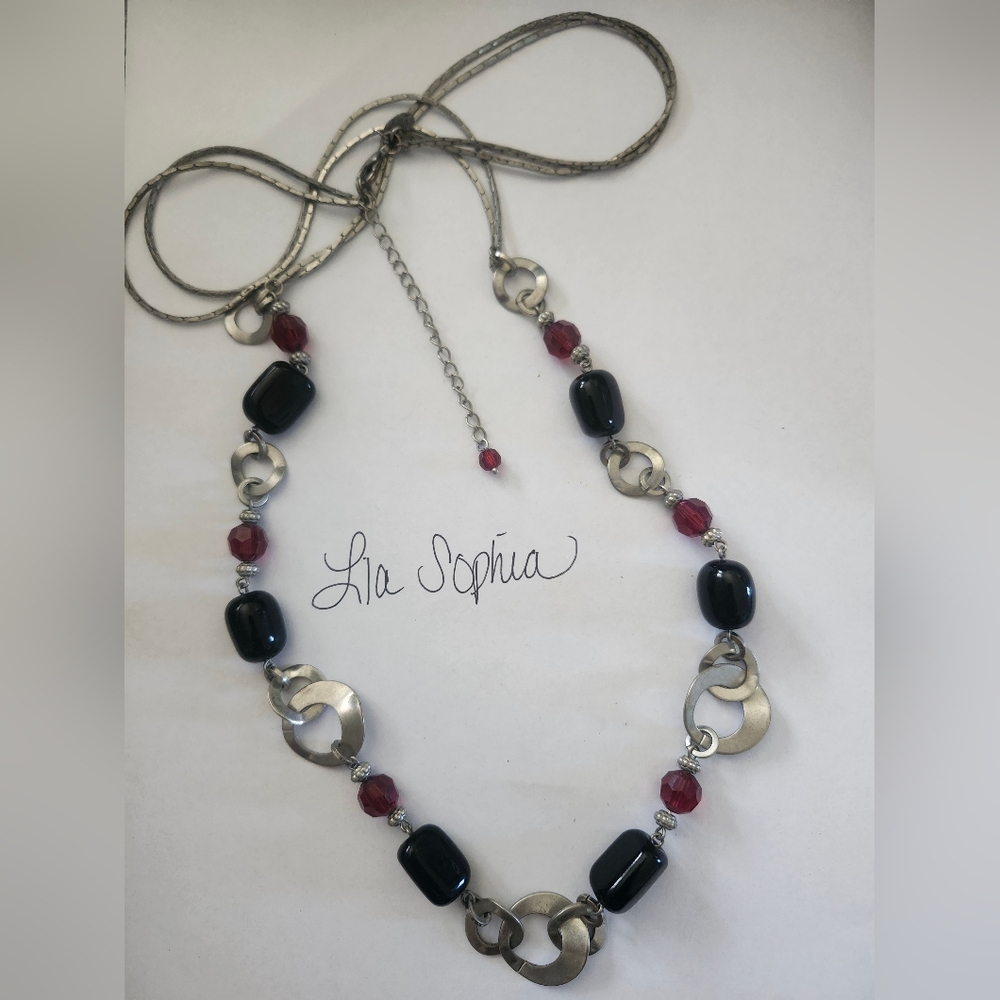 LIA SOPHIA Red, Black, Silver Long Necklace